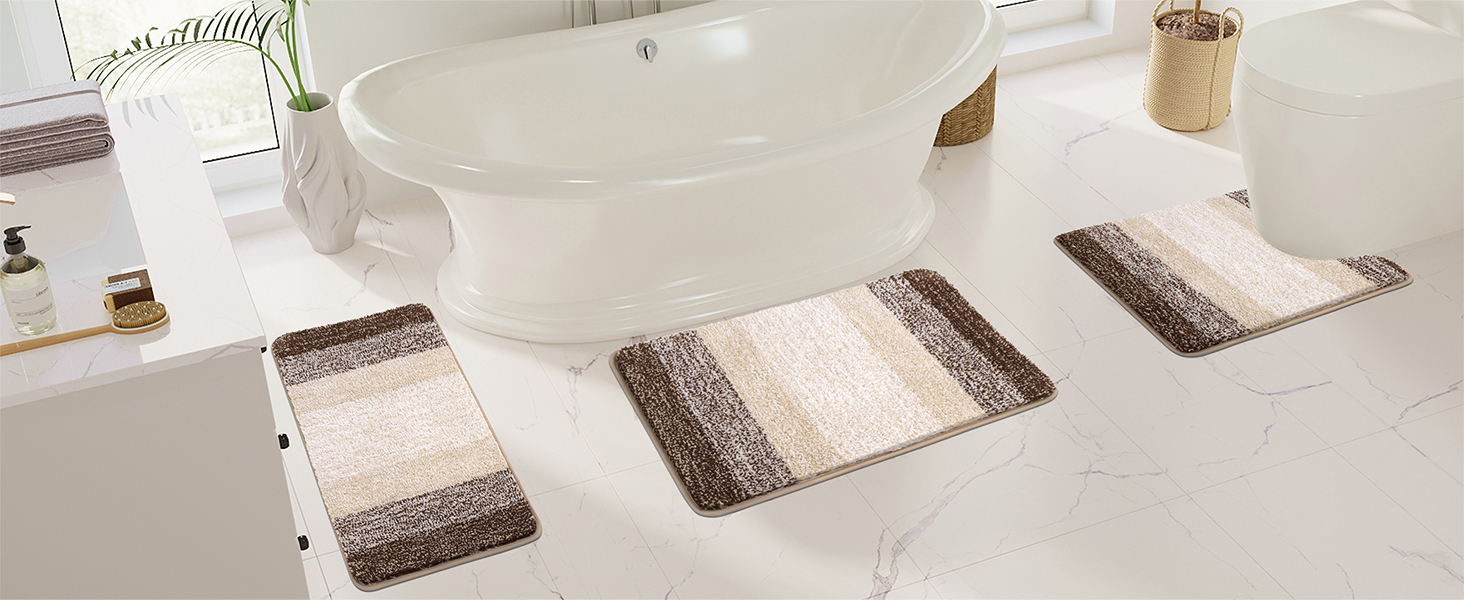 Enyhom 3-Piece Microfiber Bath Mat Set - Non-Slip Bathroom Rugs & Toilet Mat Set (Coffee, 45x65cm, 50x80cm, 50x60cm)