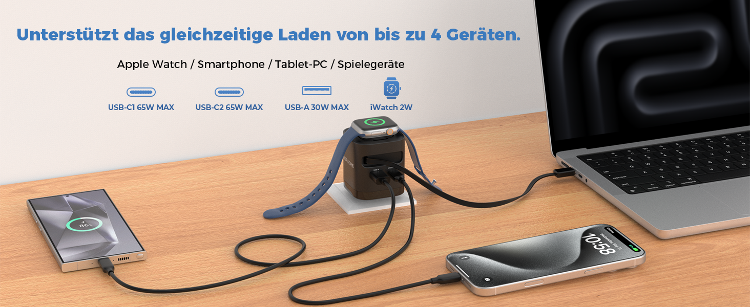 Зарядний пристрій 65W USB-C з кабелями для Apple Watch, 4 порти GaN USB-C, швидка зарядка для Apple Watch Ultra/11/10/9/8/7, MacBook, iPhone, iPad, Galaxy - Білий