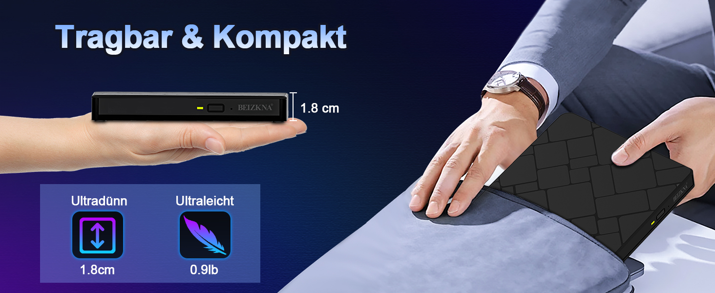 Зовнішній USB 3.0 та USB-C CD/DVD привід-записувач Beizkna, портативний DVD-бренер для ноутбука, ПК, MacBook та iMac, сумісний з Windows 11/10/8/7, Linux та macOS, чорний