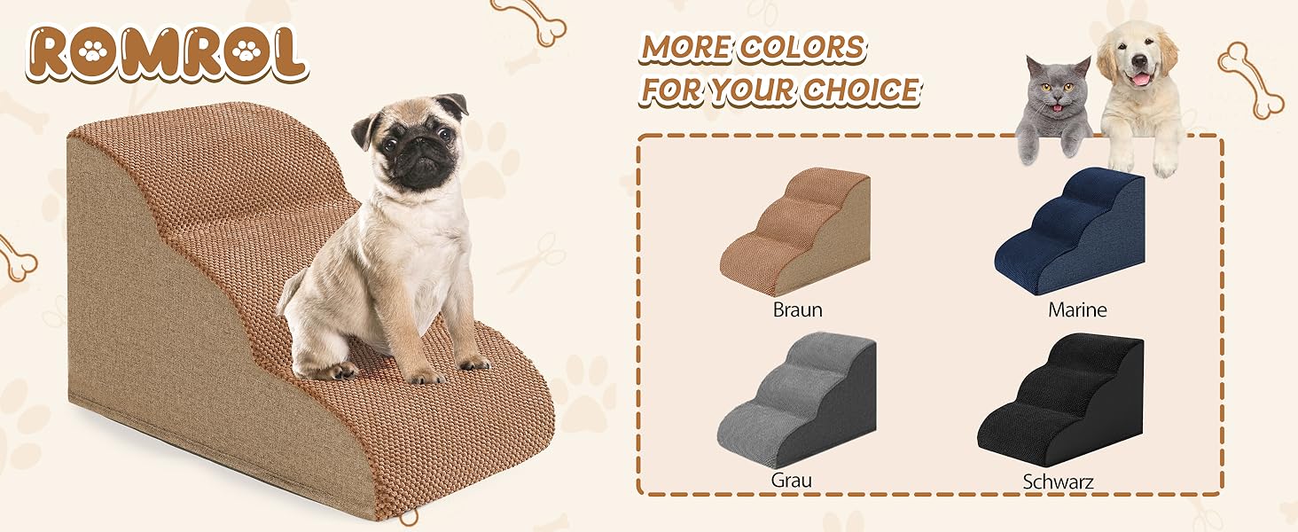 Сходинки для собак та котів ROMROL – 4 сходинки, коричневі, з неслизьким покриттям, з Memory Foam, для захисту суглобів