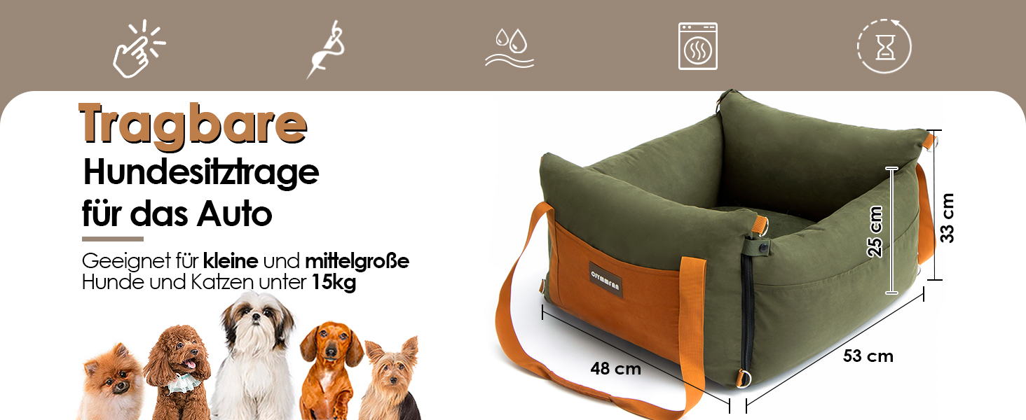 Small & Medium Dog Car Seat - Portable Pet Carrier with Extendable Bed, Washable Travel Dog Bed with Storage Pockets & Safety Belt - Green