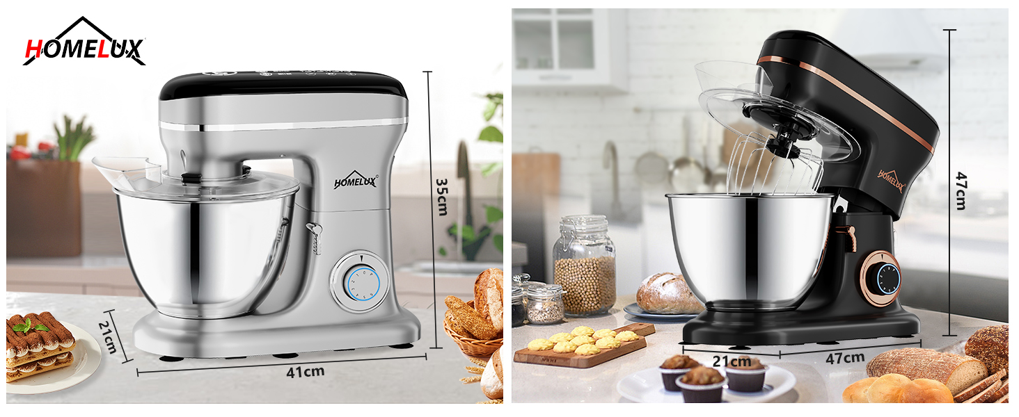 Кухонна машина HOMELUX 1800W з чашею 8 л з нержавіючої сталі, 6 швидкостей, LED-дисплей, насадки для замішування, збивання та нарізки, сіра