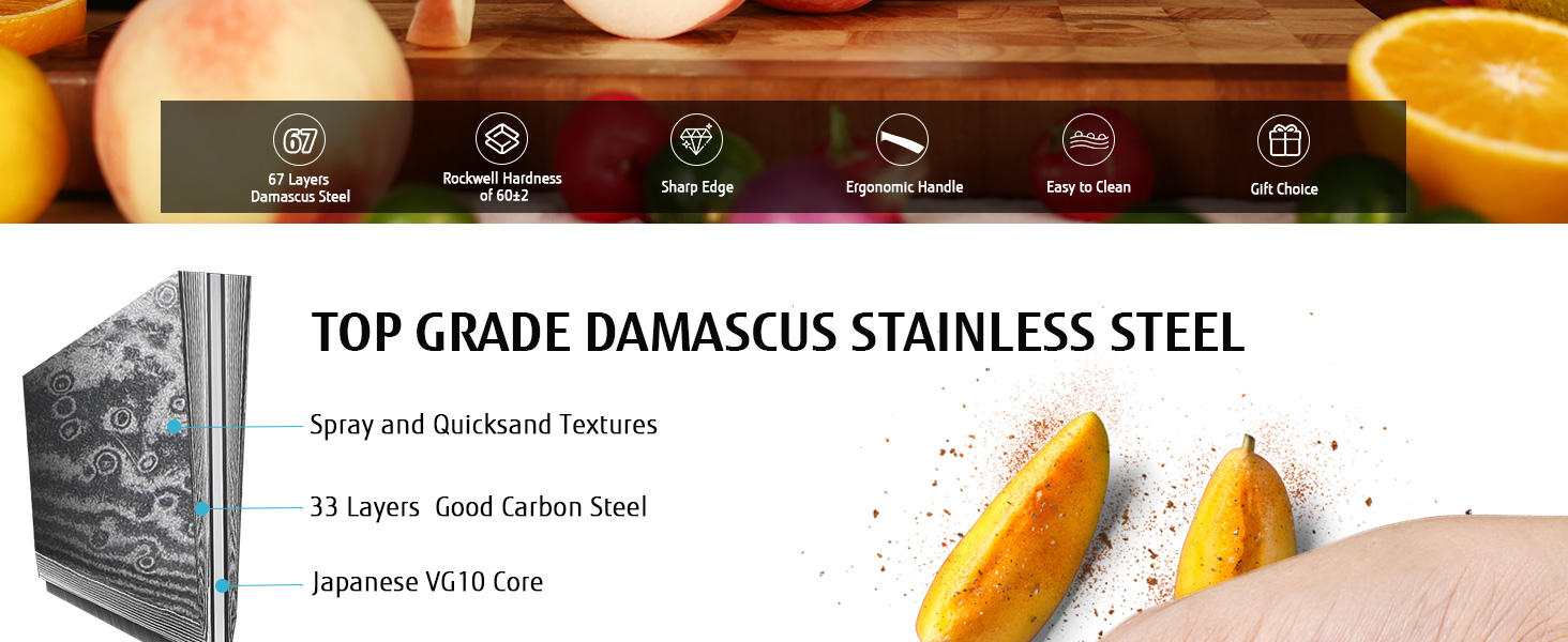 Японський кухонний ніж Hecef Damast з ручкою з харчової смоли, 20 см, 67 шарів дамаської сталі, з захистом для ножа, професійний ніж для кухаря, подарунок шеф-кухарю
