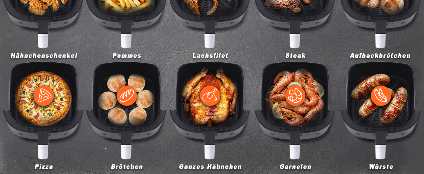 Фритюрниця повітряна 6L з окремим кошиком, прозорим вікном та 7 програмами - тиха, легко чиститься, з таймером та сенсорним екраном, 10 листків пергаменту для сімейного використання (Чорна)