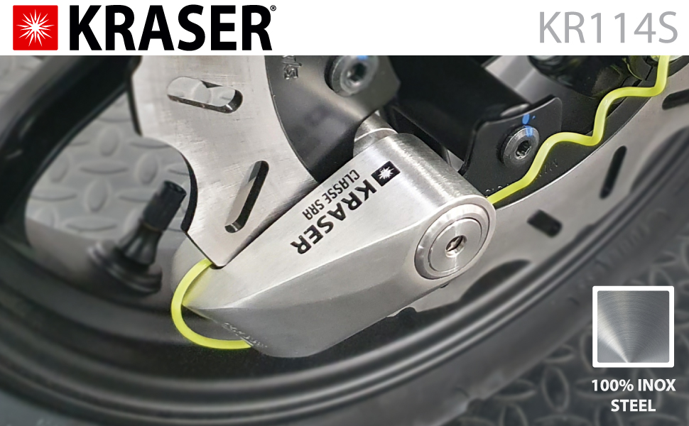 Замок на гальмівний диск KRASER KR114S для мотоцикла з сертифікатом SRA, протиугінний, подвійний замок 14 мм, 3 ключі, нагадувальний кабель, нержавіюча сталь