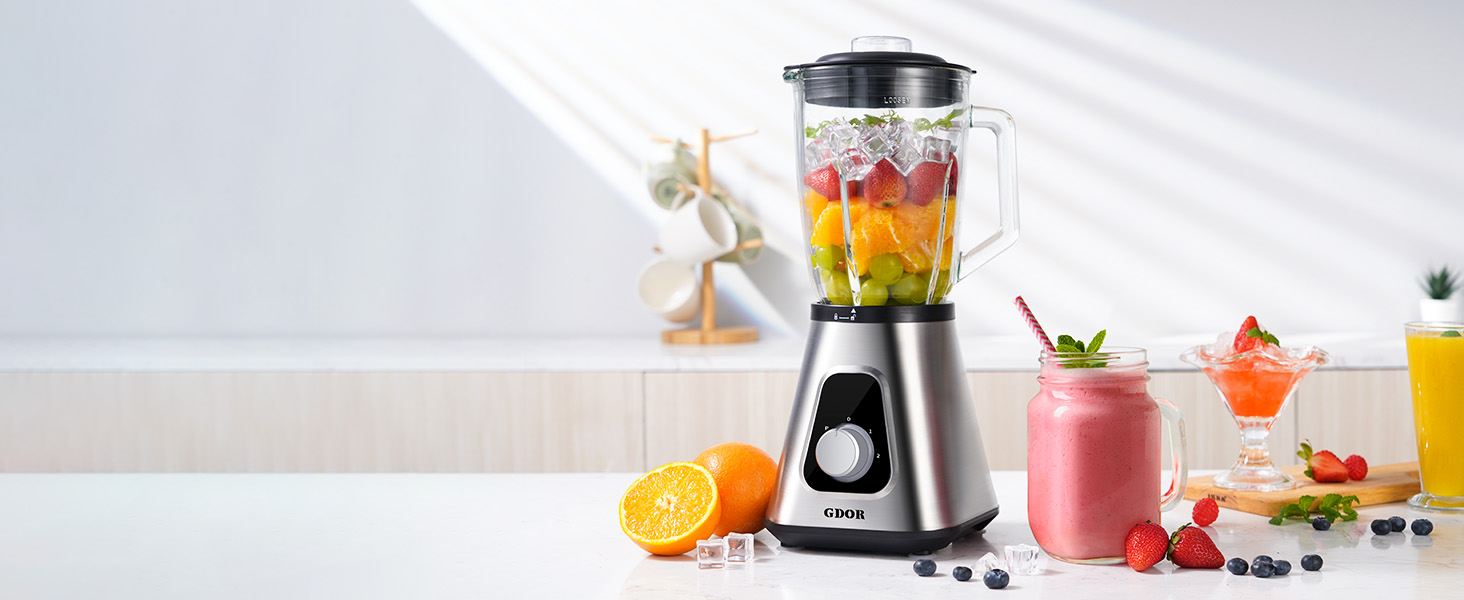 GDOR Standміксер 1200W з 1,5л скляною колбою та 650мл стаканчиком для напоїв. 3 швидкості, для смузі, шейків, соусів. Професійний міксер GDOR