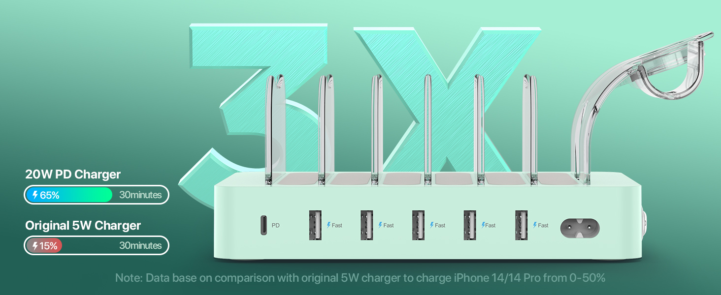 Зарядна станція SooPii USB 60W/12A, 6 портів, органайзер для декількох пристроїв з тримачем для Apple Watch, 6 кабелів для телефонів, планшетів та інших електронних пристроїв. Зелена