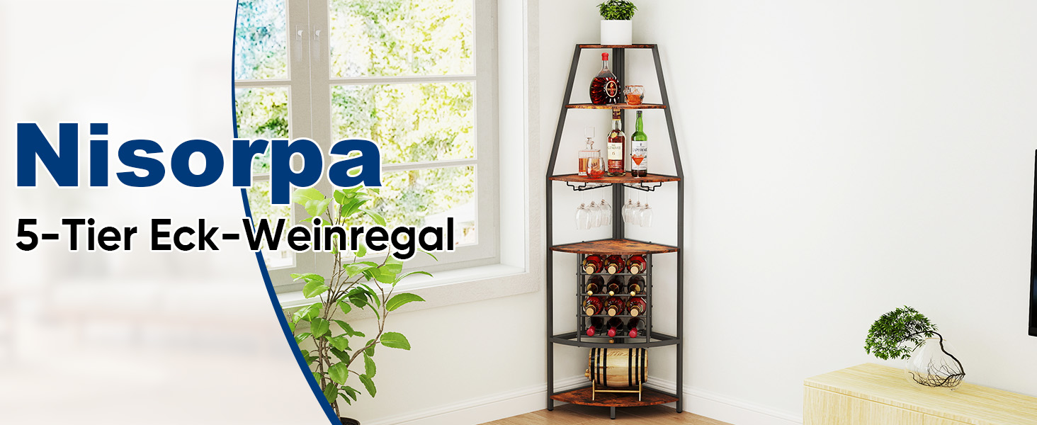 Стеллаж для вина Nisorpa на 12 пляшок, 5-ярусний кутовий, з тримачем для келихів, вінтажний коричнево-чорний