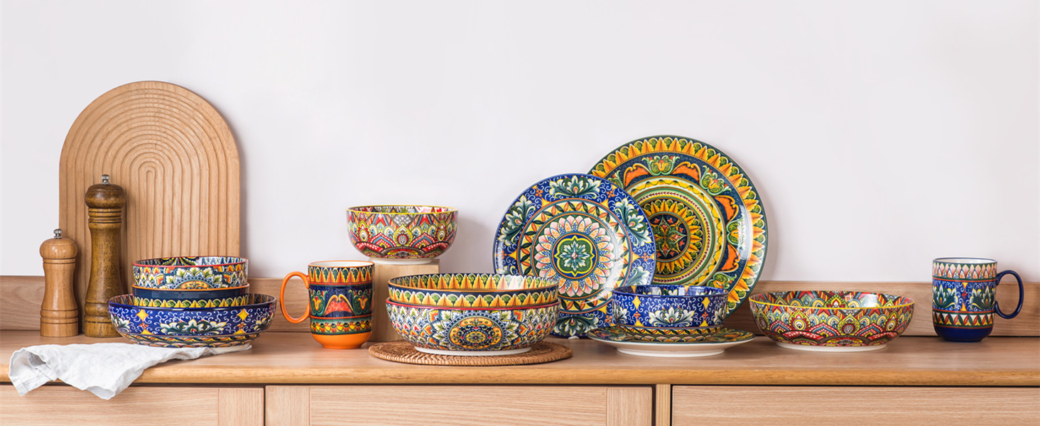 Набір тарілок Henten Home Mylo: 2 тарілки для супу та салатів, 1500 мл, бохо стиль (синьо-помаранчевий)