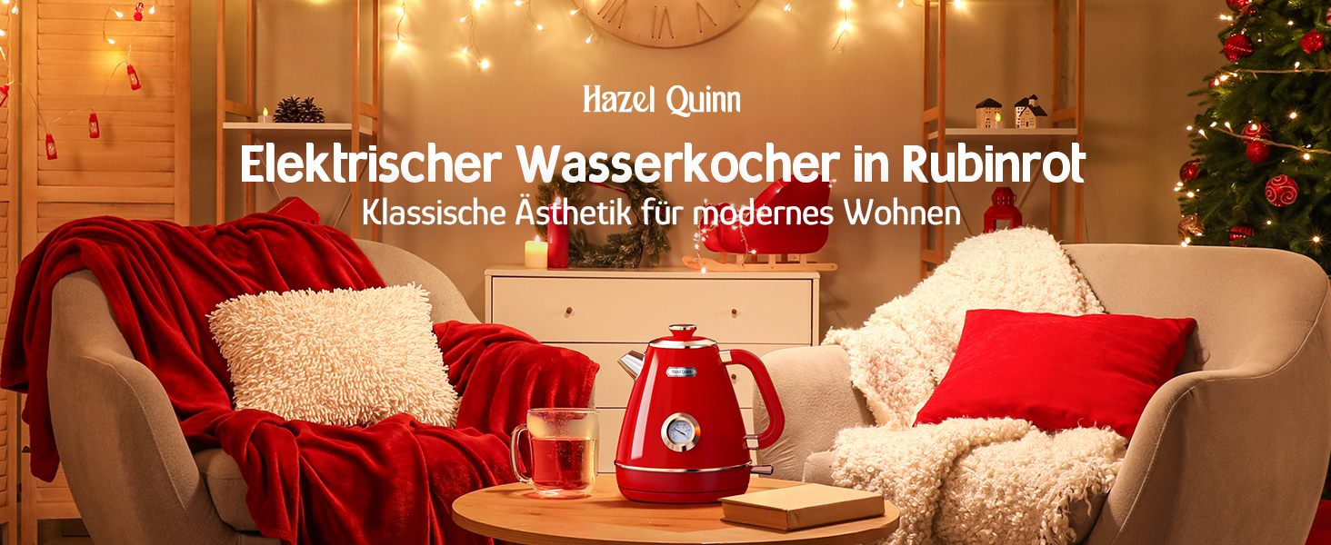Електричний чайник Hazel Quinn Retro з термометром, з нержавіючої сталі, без пластику, 1.7 л, 2200 Вт, автоматичне вимкнення, вінтажний дизайн, Rudy Rot