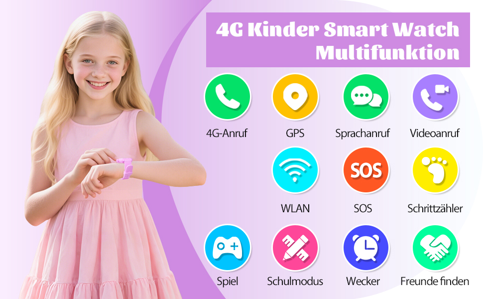 Дитячий розумний годинник Smartwatch з GPS, 4G, відеодзвінками, SMS, WiFi, SOS, крокомером, іграми, для дітей від 4 років, фіолетовий