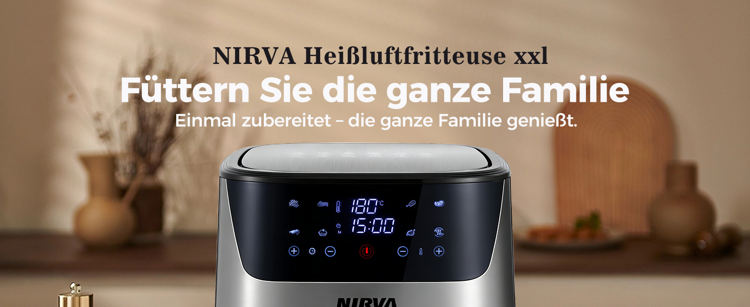 Аерофритюрниця Nirva 8.5л без олії, 1700W: смаження, запікання, антипригарне покриття, чорний/нержавіюча сталь