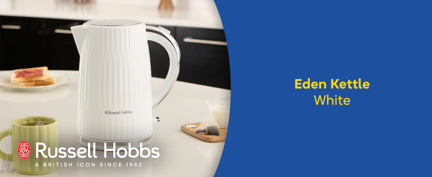 Електрочайник Russell Hobbs Eden 1,7 л 2400 Вт, білий, нержавіюча сталь, знімний фільтр, відкривання кришки кнопкою, індикатор рівня води, підсвітка, BPA free 27360-70