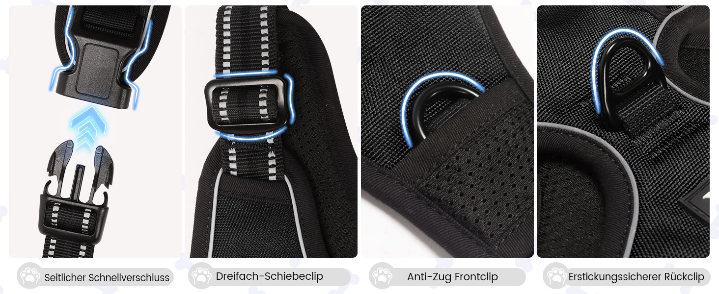 Шлейка для собак Funfox, середнього розміру, анти-тяга, регульована, з ручкою та світловідбиваючими смугами, чорна, L