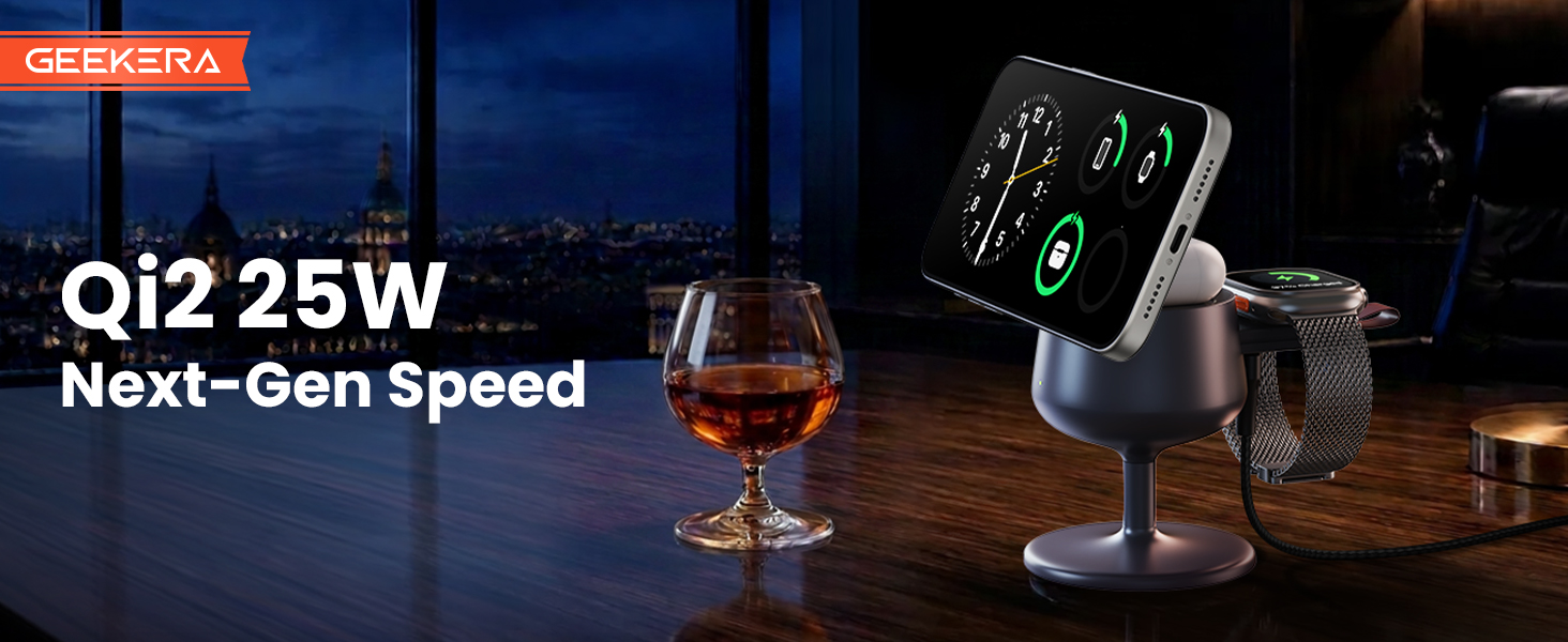 Бездротова зарядна станція 3-в-1 GEEKERA Qi2.2 25W для Apple: MagSafe зарядний пристрій для iPhone 17/16/12, Apple Watch та AirPods, адаптер GaN 45W, Phantom Grey