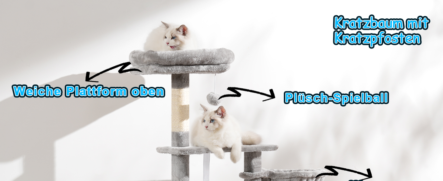 Котячий будиночок Hey-brother Kratzbaum 108 см, багатоярусний котячий комплекс з когтеточками, рампою, гніздечком та іграшками, сірий MPJ007SW