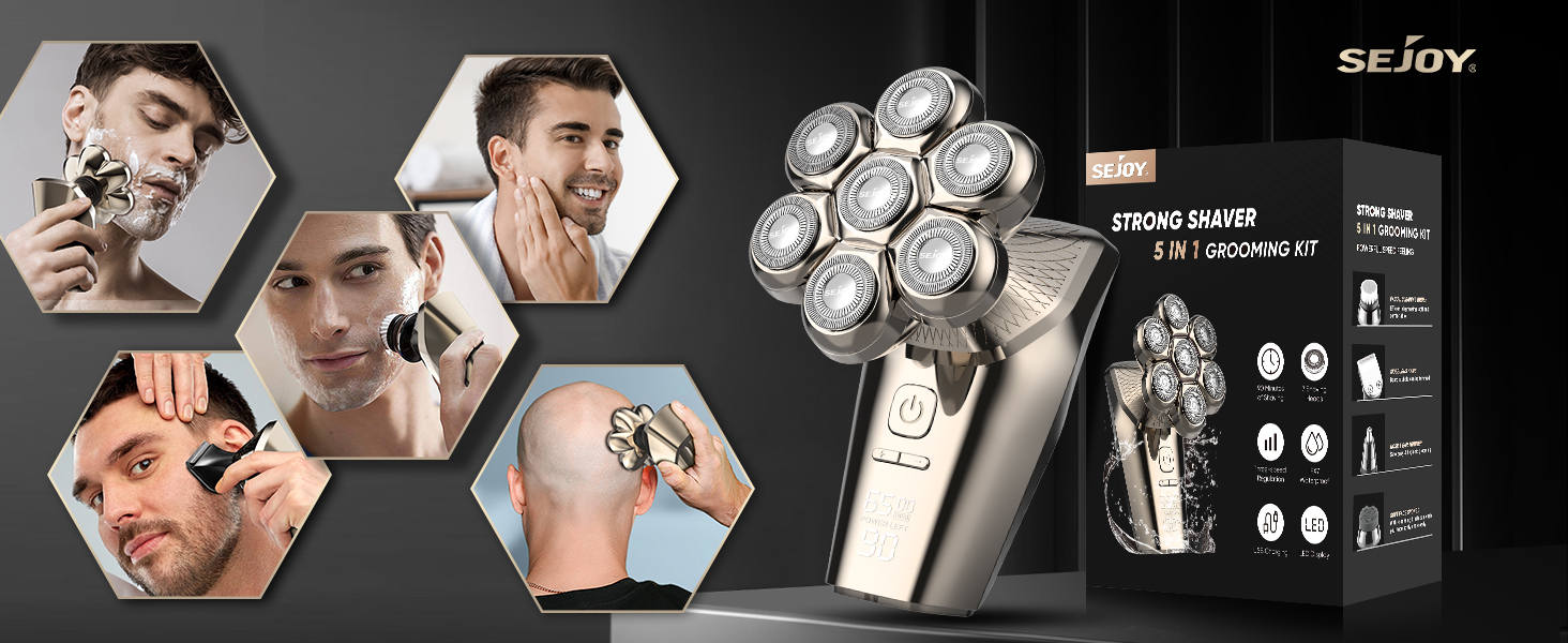 Електричний гоління для лисої голови 5-в-1: гоління, триммінг, догляд за обличчям. Водонепроникний, акумуляторний.