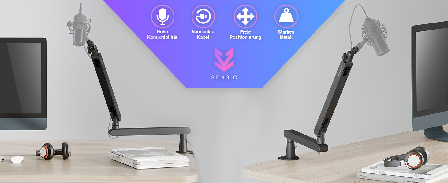 Мікрофонний тримач SENSIC SA-30 LP Low Profile з регульованим підлокітником, 360° обертання, для стрімінгу, інтегроване кабельне кріплення, універсальний, настільний
