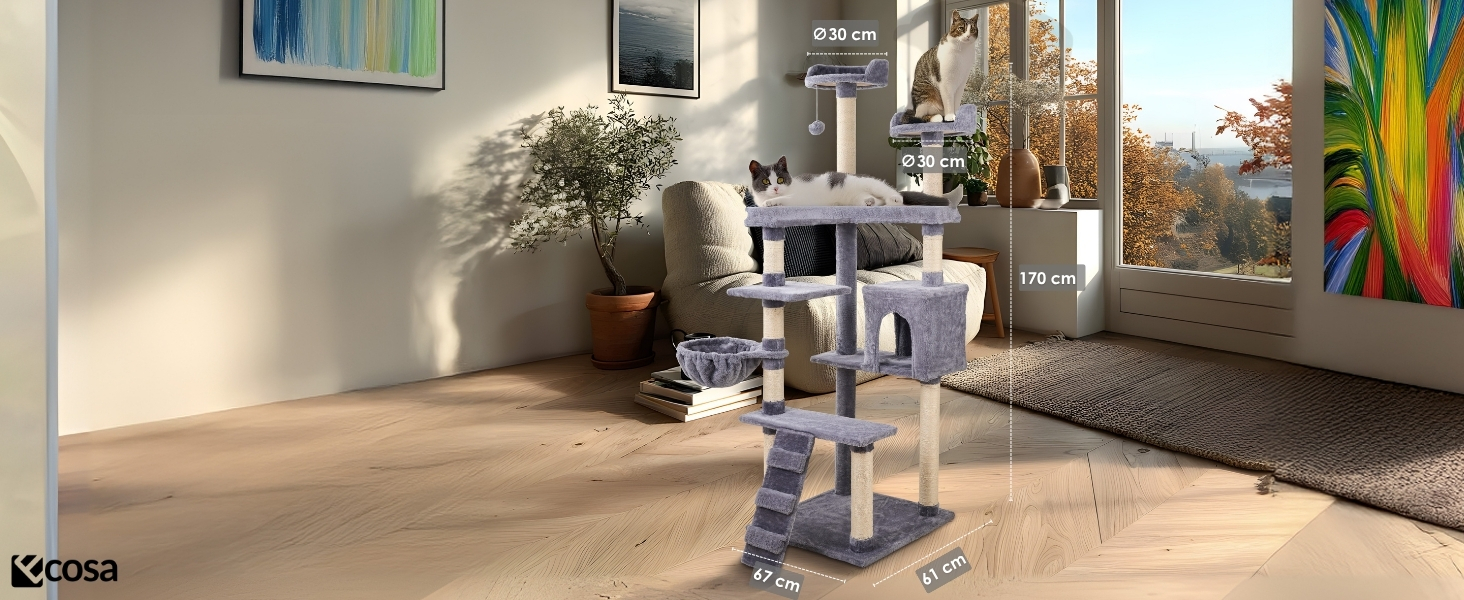 Кігтеточка для котів Ecosa® XXL - велика, 170 см, багатоярусна з гамаком та будиночком