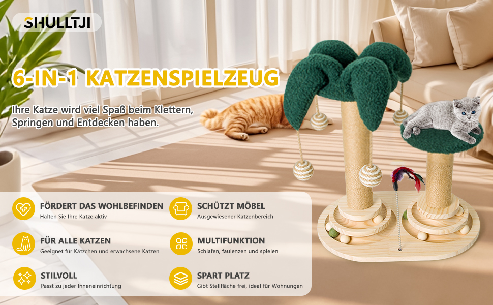 Інтерактивне котяче іграшкове комбо 6-в-1: дерев'яні меблі, кульки, пір'я, м'яч-трекер, когтеточка з сизалю та джуту для котів середніх та маленьких порід (білий, зелений)