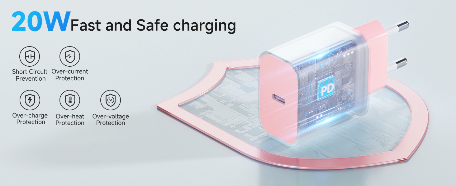 Зарядний пристрій USB-C 20W з кабелем Type-C 2м для iPhone 16/15/Pro/Air (Рожевий) - 2 шт.