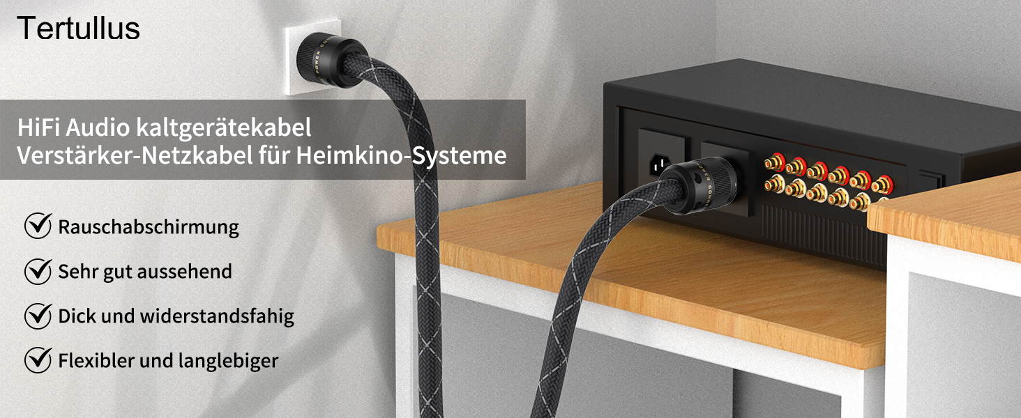 Hi-Fi мережевий кабель Tertullus OFC з роз'ємами Schuko та C15 для сабвуфера, підсилювача та AV-ресивера, 1.5м