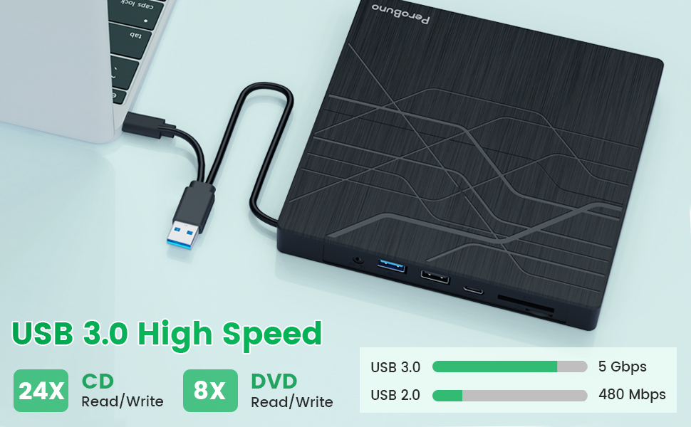 Зовнішній DVD-привід PeroBuno USB 3.0 Type-C, CD/DVD ROM +/-RW, ультратонкий оптичний накопичувач та записник для ноутбука, ПК, MacBook (Windows, Linux, macOS)