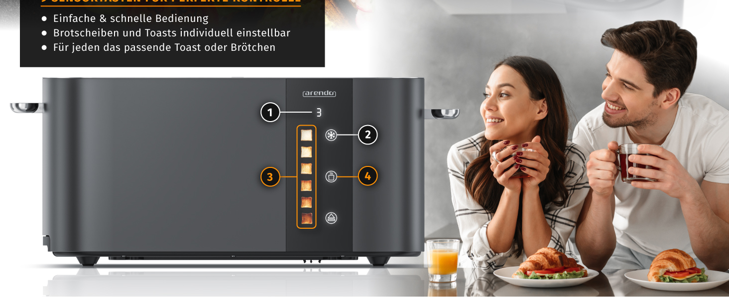 Тостер Arendo з нержавіючої сталі, 4 слоти, довгі прорізи, сенсорний екран, подвійні стінки, 1500 Вт, підставка для булочок, 6 рівнів підсмажування, центрування хліба, індикатор часу, пам'ять (B: Cool Grey)
