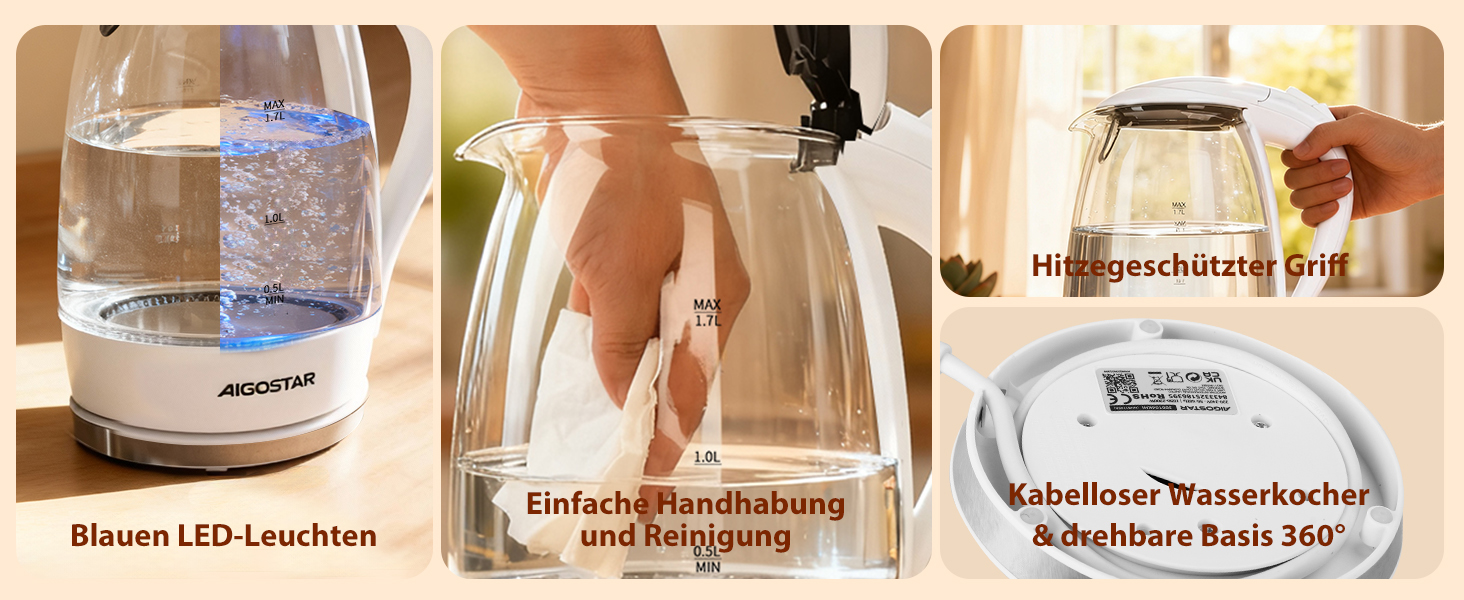 Електричний чайник Aigostar 1.7 л, 2200 Вт, зі скляною колбою, LED-підсвічуванням, без BPA, з фільтром від накипу, чорний (Eve)