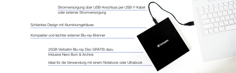 Зовнішній тонкий Blu-ray привід Verbatim Ultra HD 4K Slimline Writer з USB-C, підтримкою BDXL, M-Disc, DVD та CD, чорний