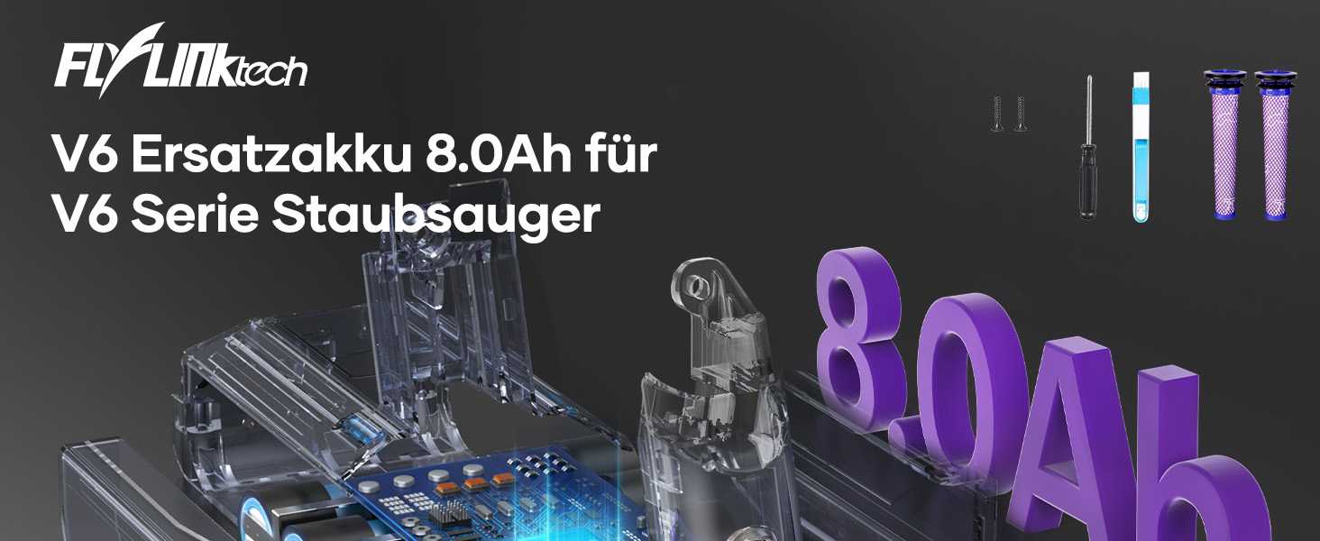 Акумулятор FLYLINKTECH 8.0Ah V8 для пилососів Dyson V8 Absolute/Animal/Fluffy/Motorhead SV10 з 2+1 фільтрами та 4 гвинтами