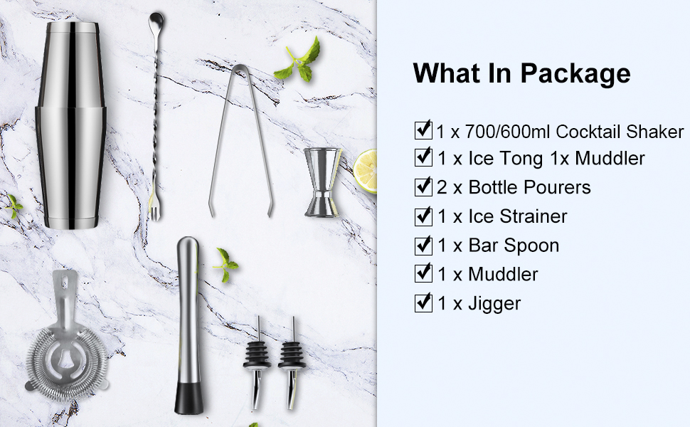 Набір шейкер для коктейлів Boston 700/600мл | Нержавіюча сталь | 8-ми частинний набір для бармена з аксесуарами: мірний стаканчик та барна ложка | Ідеально для дому та бару