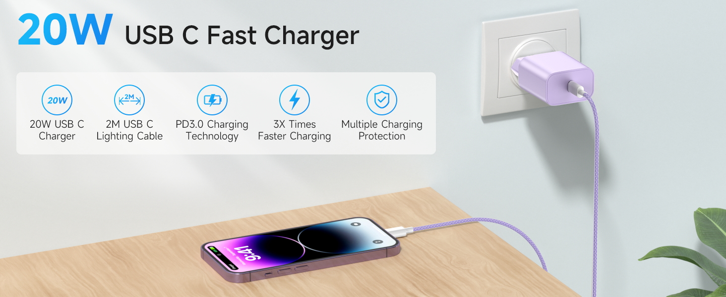 Зарядний пристрій 20W USB-C з кабелем Lightning для iPhone 14/13/12/11/X/SE (2 шт., фіолетовий+синій)