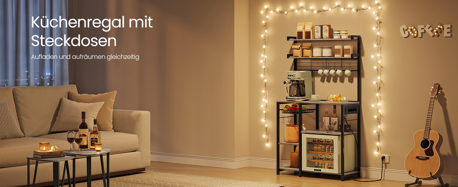 Полиця кухонна VASAGLE з розетками, стелаж для мікрохвильової печі, 8 гачків S-подібної форми, кухонний шафчик, органайзер для спецій, 40 x 90 x 165,5 см, коричневий вінтаж та чорний, KKS031K11