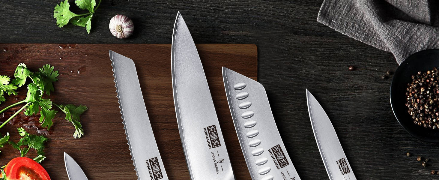 Набір кухонних ножів HOSHANHO 6 шт. з магнітним тримачем, професійний з вуглецевої сталі, ергономічні ручки