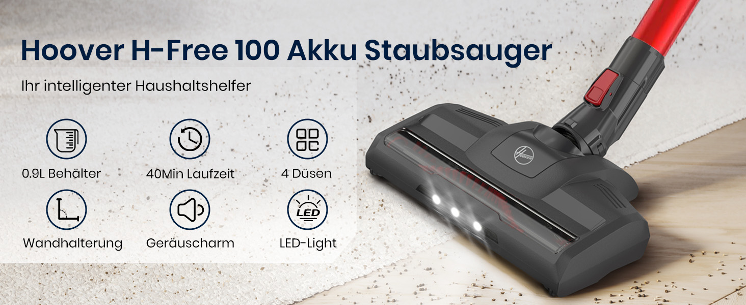 Бездротовий пилосос Hoover H-Free 100 5-в-1 з турбо-режимом та LED-щіткою | 40 хв роботи, XL контейнер 0,9 л, спеціаліст з видалення шерсті тварин для килима/авто/дивану/стіни, легкий бездротовий пилосос для дому та тварин