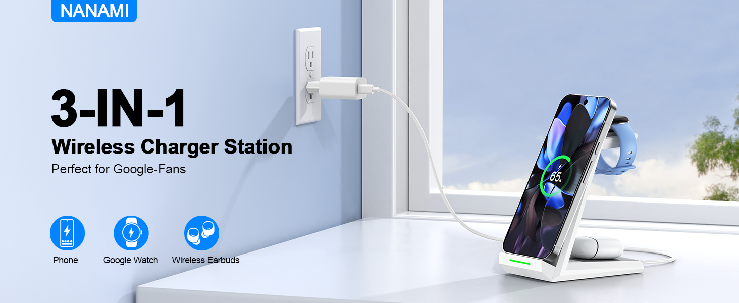 Бездротова зарядка NANAMI 3-в-1 для Google Pixel Watch 3/2, Fitbit Versa 4/3, Pixel 10 Pro/10/9/9a/8/7, Pixel Buds Pro 2 (Класичний Білий)