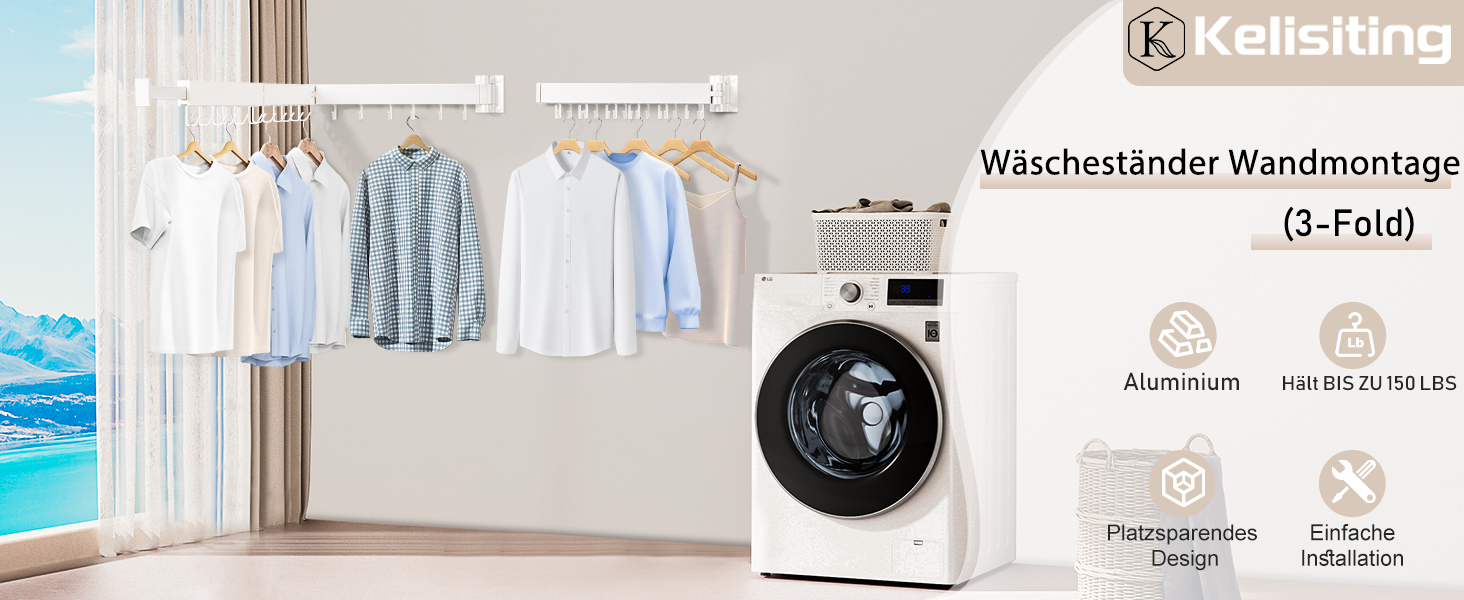 Настінна сушарка для білизни, розкладна, 3-секційна, біла. Максимальне навантаження 68 кг, 120 см (50 дюймів у складеному стані). Економія місця, ідеально для невеликих осель, білий колір.