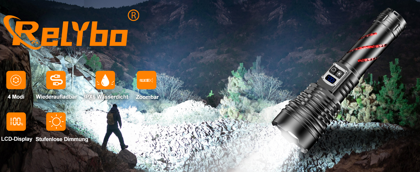 Ліхтар LED акумуляторний 1000000 люменів, тактичний ліхтар, 2 режими, регулювання яскравості, USB, для кемпінгу та надзвичайних ситуацій, чорний