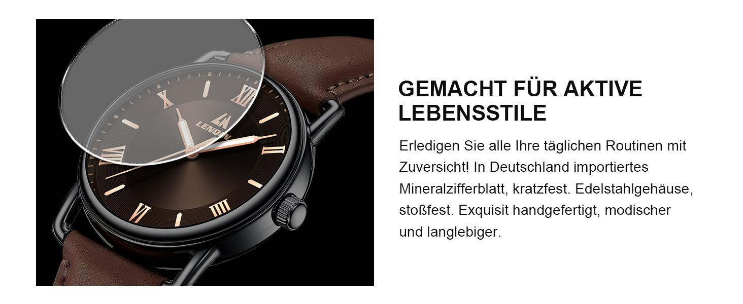 Чоловічий годинник LN LENQIN: аналоговий кварцовий годинник для чоловіків, водостійкий (30м), шкіряний ремінець, чорний/коричневий, бізнес-стиль