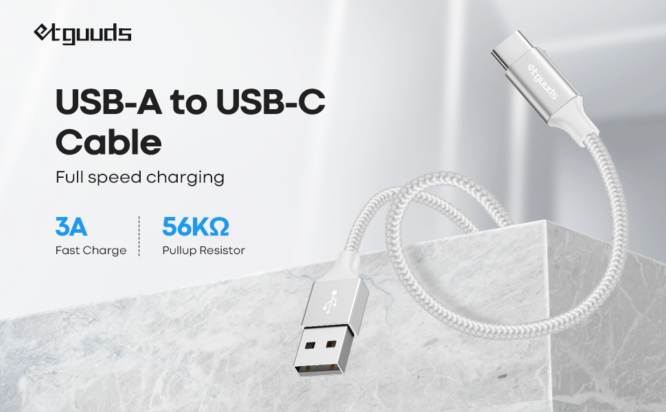 Кабель USB-C на USB-A, 30см, 2 шт., білий. Швидка зарядка, нейлон, для iPhone, Samsung Galaxy