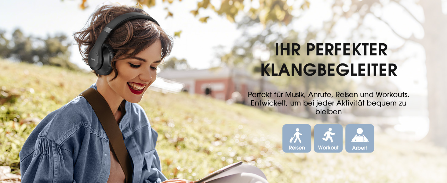 Бездротові навушники Uliptz Over-Ear Bluetooth з 65 годинами роботи, 6 EQ-режимів, HiFi стерео, складні, для подорожей/офісу/телефону/ПК (Чорний)