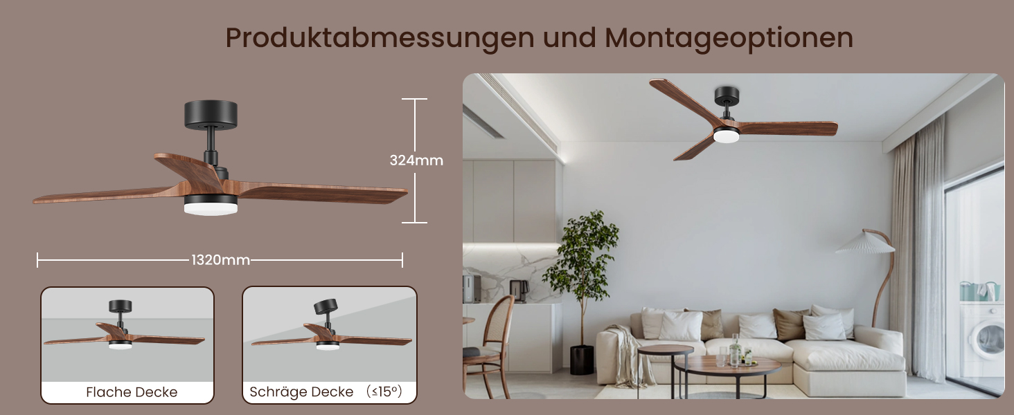 Стеляний вентилятор з дерева з підсвічуванням, 90 см, тихий DC-двигун, 6 швидкостей, пульт з пам'яттю, таймер, 24W LED, регулювання яскравості