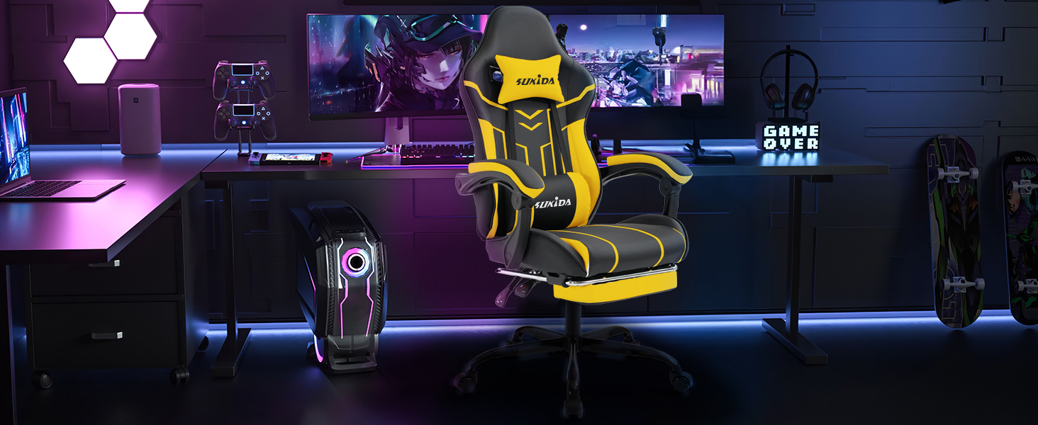 Ігрове крісло SUKIDA Ergonomic Gaming Chair з підніжкою та підтримкою попереку, комп'ютерне офісне крісло (Чорно-жовте)