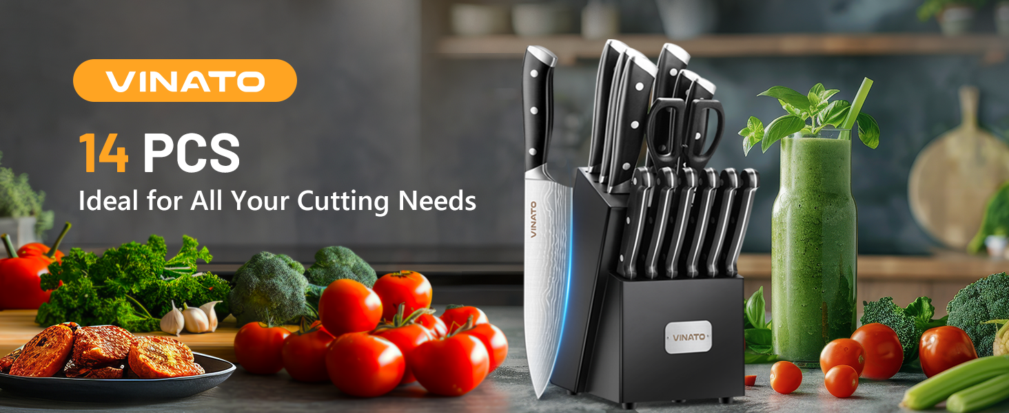VINATO 14-Piece Knife Block Set with Sharpener - Damascus Pattern Kitchen Knife Set (Matte Black)