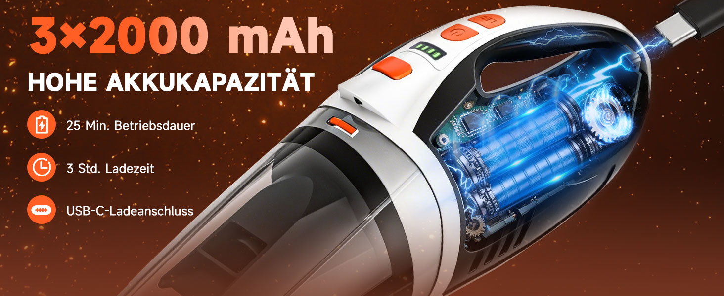 Акумуляторний ручний пилосос TANYO 4-в-1 12000PA, бездротовий з безщітковим мотором, портативний для авто, тварин, килимів, офісу, кухні, біло-помаранчевий з HEPA фільтром