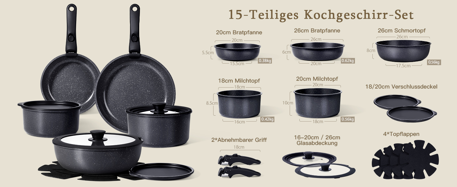 Набір посуду GiPP 15Plus: сковороди та каструлі з знімними ручками, індукційне дно з керамічним антипригарним покриттям, 15 предметів, чорний