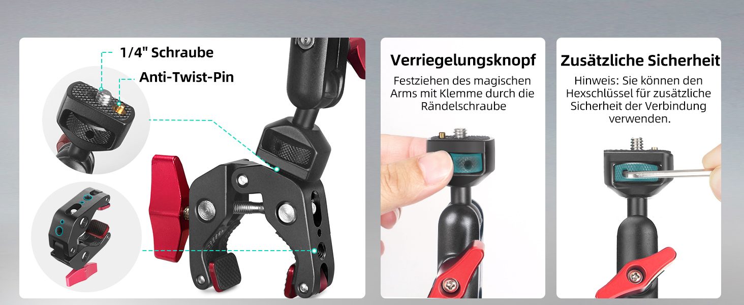 Гнучкий кріплення для камери з супер-зажимом Magic Arm, 56 см, 360° - чорно-червоний