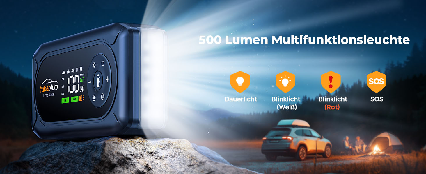 Powerbank для автомобіля YaberAuto AP02 з компресором, 150PSI, 4500A, для бензинових двигунів до 9.0L та дизельних до 8.0L, LED ліхтар 500 Lumen (4 режими), LCD дисплей 3.3