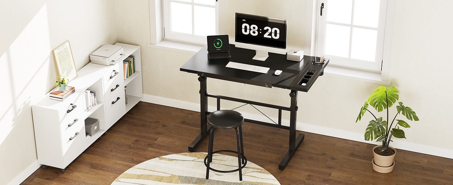 Adjustable Drafting Table with Tilting Surface (0-60°) - Height Adjustable Art Table with Stool and Storage for Home & Office - Black Wood Finish